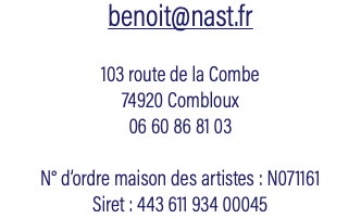 benoit@nast.fr 103 route de la Combe 74920 Combloux 06 60 86 81 03 N° d’ordre maison des artistes : N071161 Siret : 443 611 934 00045
